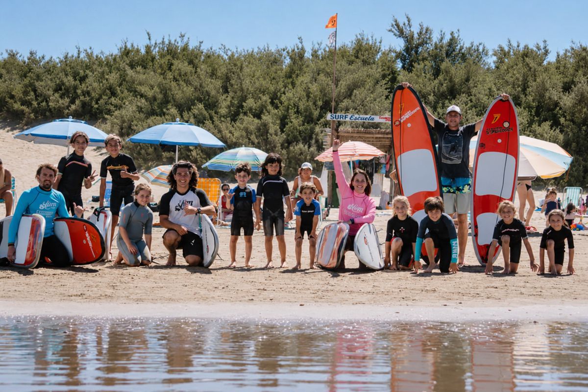 Chicos con trajes de surf e instructores frente a la escuela